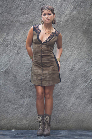comfortable stretchy green cotton dress with lace for sexy festival woman underground fashion by french independent designer offrandes