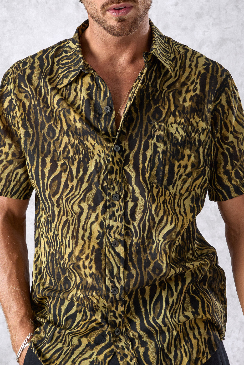 men button shirt with animal print